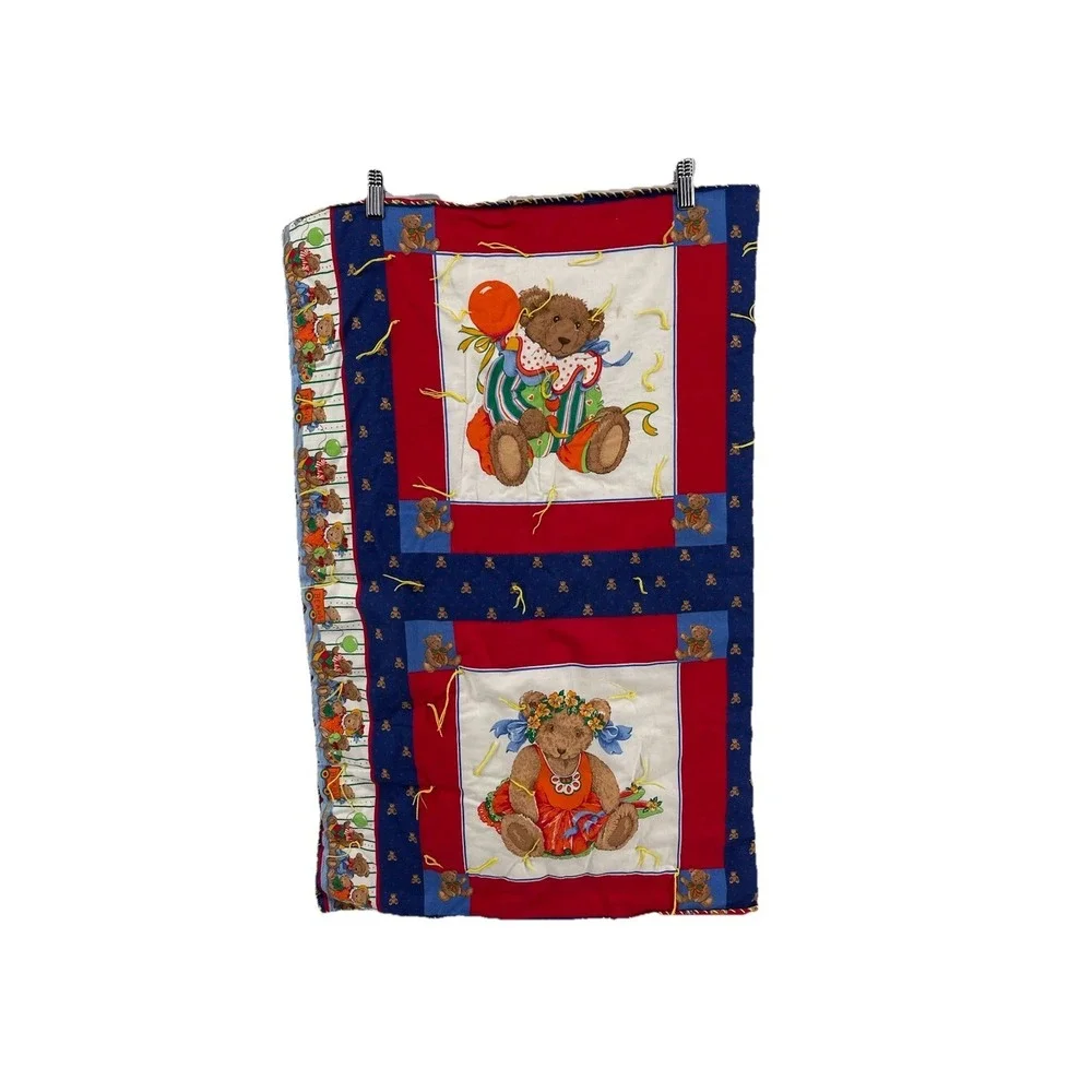 Vintage‎ Handmade Teddy Bear Quilt Blanket Throw Red Blue 39x34 Kids Nursery